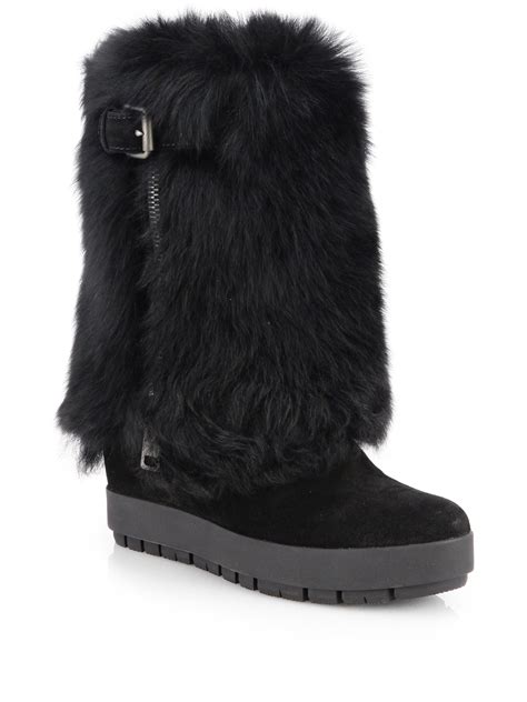 prada suede shearling wedge over the knee boots|Snuggle Up in 32 of the Season’s Best Shearling .